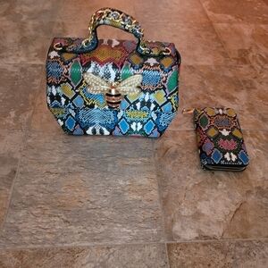 Colorful Snake Print Bag and Wallet Set